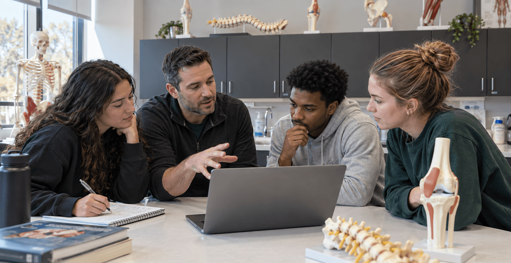 AI-generated illustration of students and a mentor learning around a laptop in an anatomy teaching lab