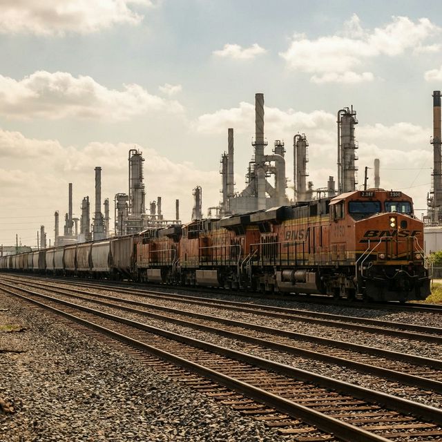 BNSF locomotive on Galveston Subdivision with refinery stacks behind — verified case study