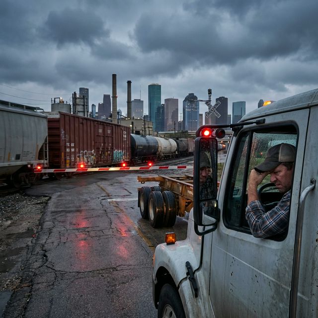 Drayage truck waiting at blocked Houston rail crossing with gate down