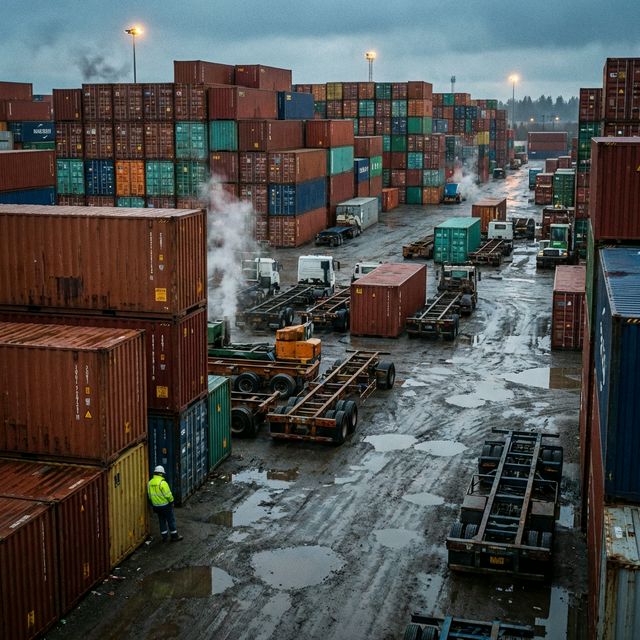 Congested container yard with stacked chassis at Port Houston