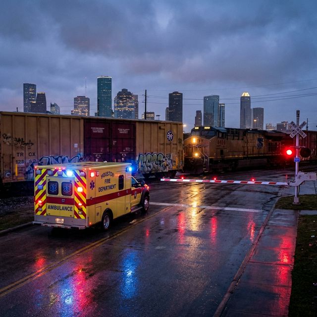 Ambulance stopped at Houston rail crossing with gates down at dusk