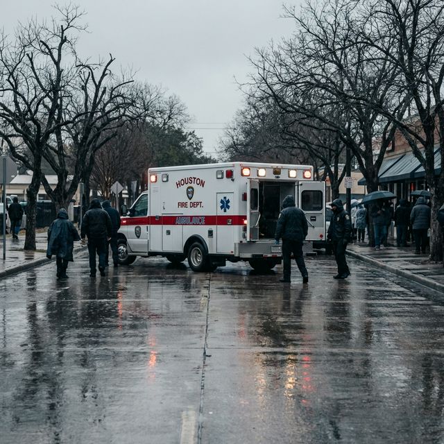 Ambulance on cold wet Houston street during winter weather surge