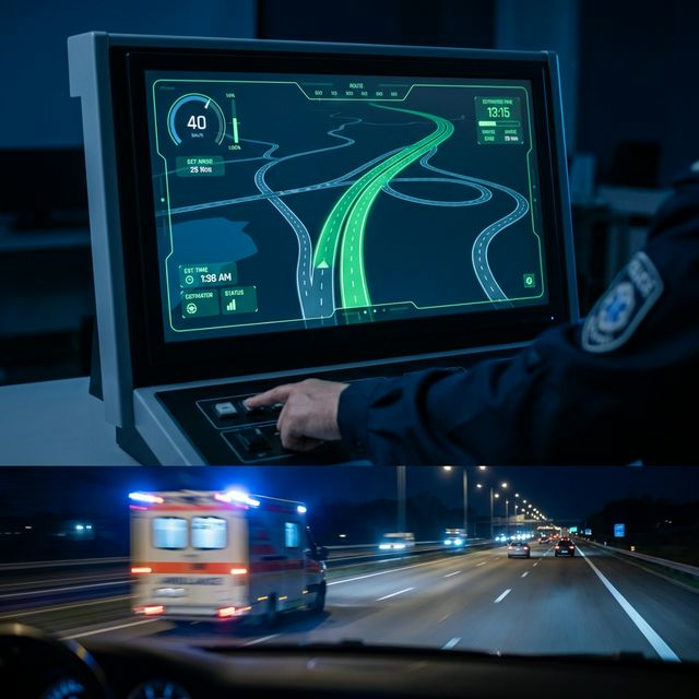 EMS dispatch console showing route optimization around rail blockages