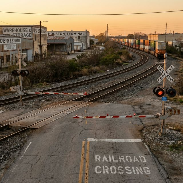 Jennifer Lane rail crossing at golden hour — Houston's highest-risk crossing