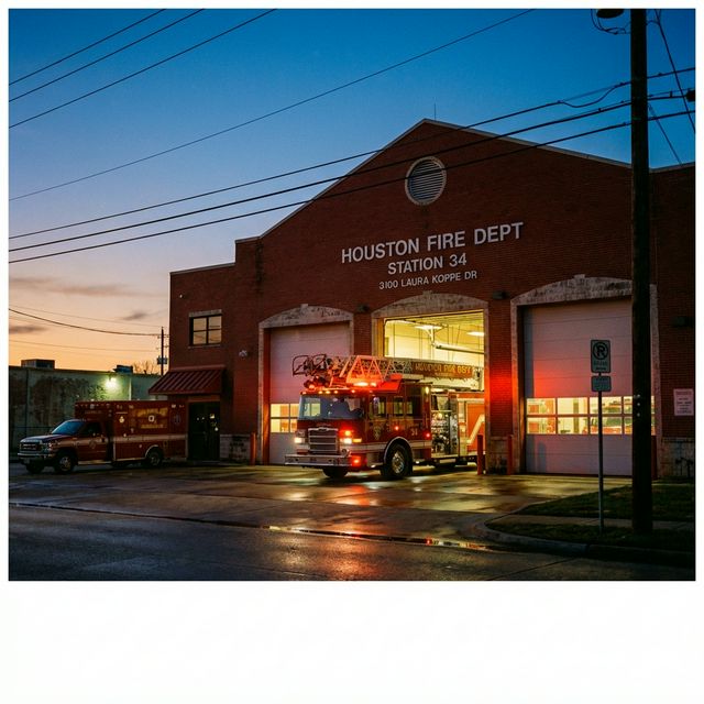 Houston Fire Dept Station 34 at 3100 Laura Koppe Dr with engine pulling out at dawn