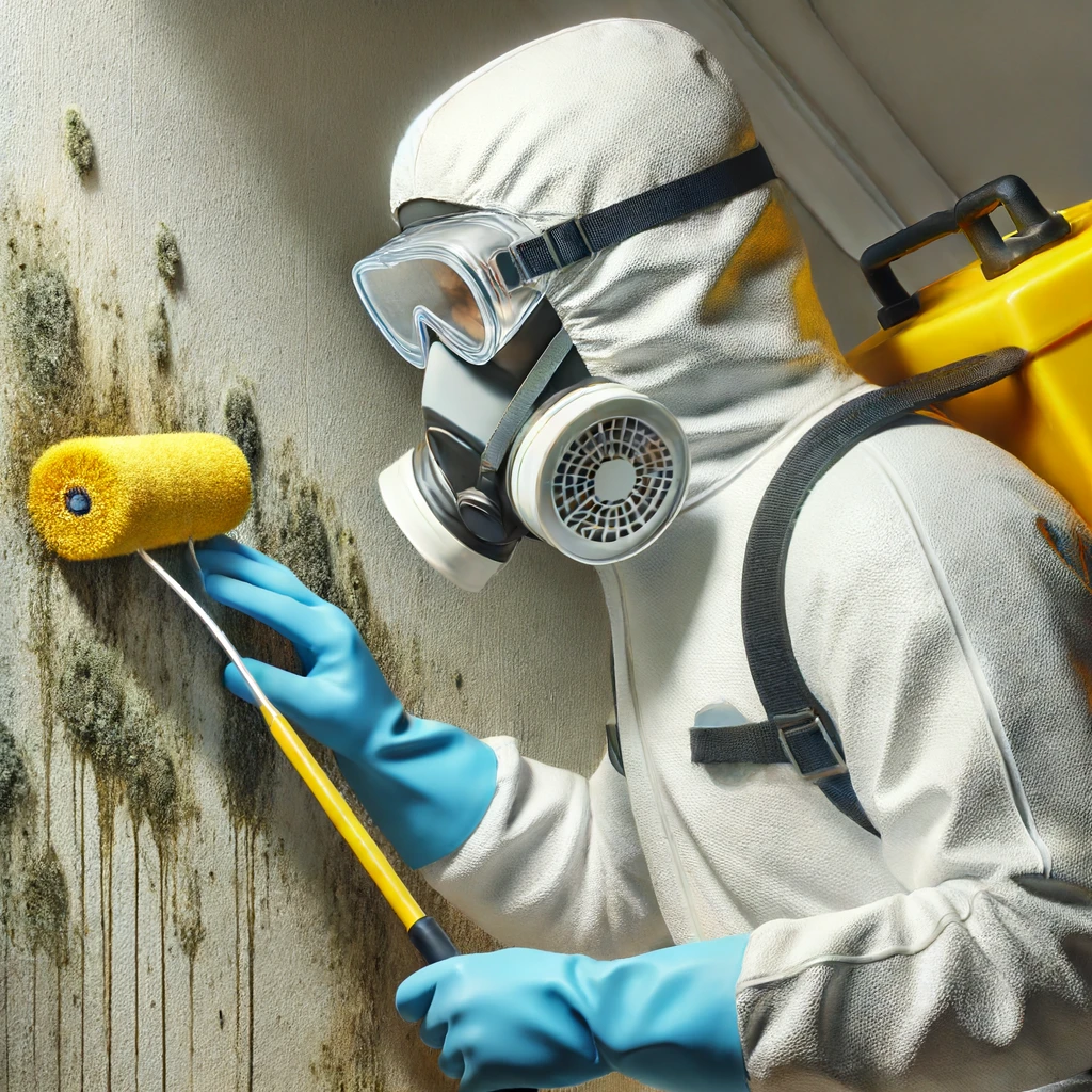 Person in protective gear cleaning mold from a wall.